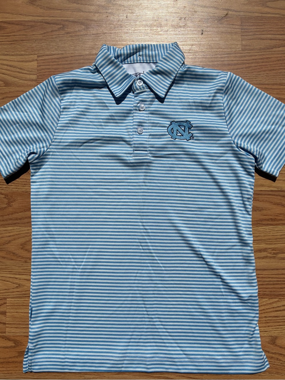 Boys Light Blue Striped Polo with UNC Logo (Size 7-8)